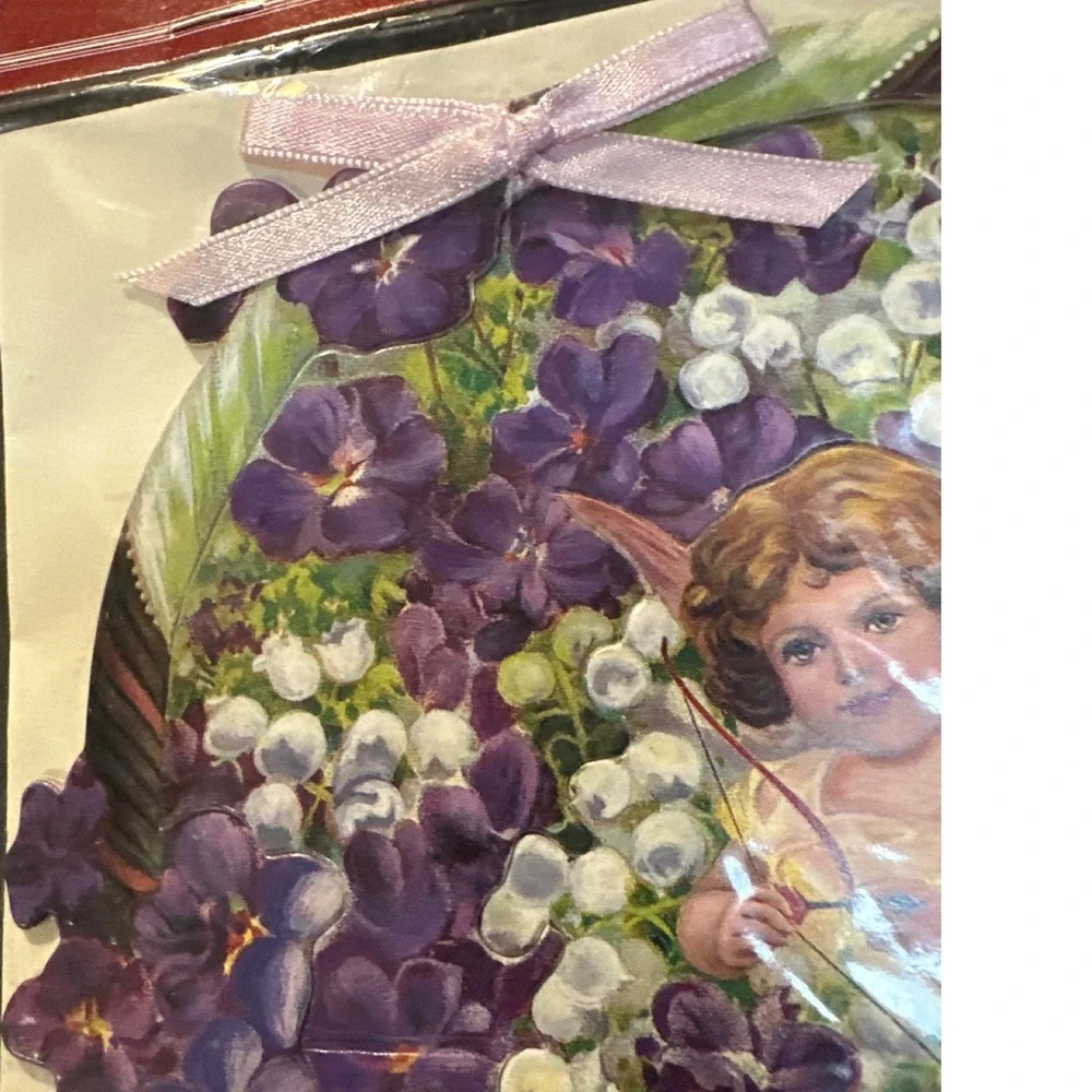 Shackman A Basket of Love Dimensional Greeting Card Victorian Cherub Violets 90s